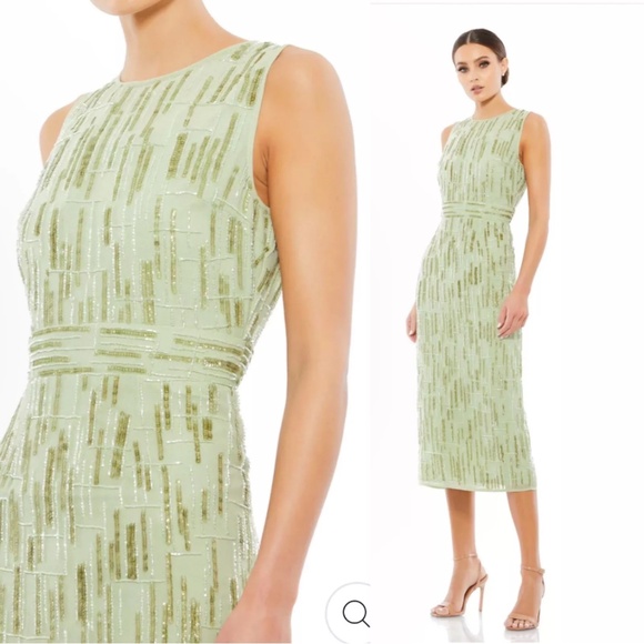 Mac Duggal Abstract Beaded Sleeveless Midi Dress In Sage GreenSize 6 New